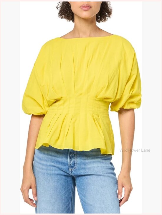 Tops - Crew Neck Blouse with Puff Sleeves and Pleated Bodice